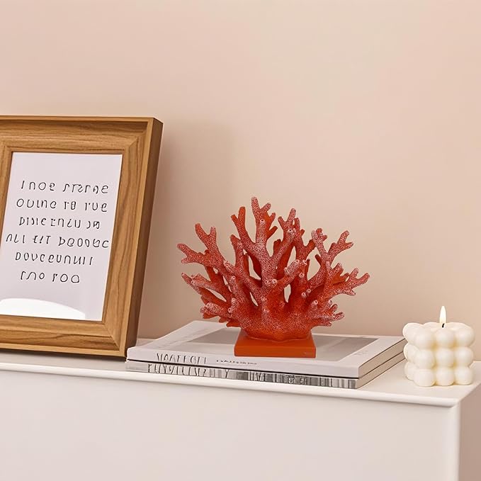 5.8" H Red Orange Coral Decor - Resin Coral Statue, Nautical Decor for Home, Bedroom, Bathroom, Living Room, Ocean Themed Cabinet Shelf Tabletop Decoration-CasaMuseHome
