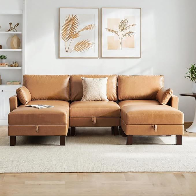 5 Seater Faux Leather Sofa Couch, 98'' L Shape Sectional Couch, Mid Century Modern Decor, Office Sectional Sofa Bed, for House, Apartment, Living Room, Tan-CasaMuseHome
