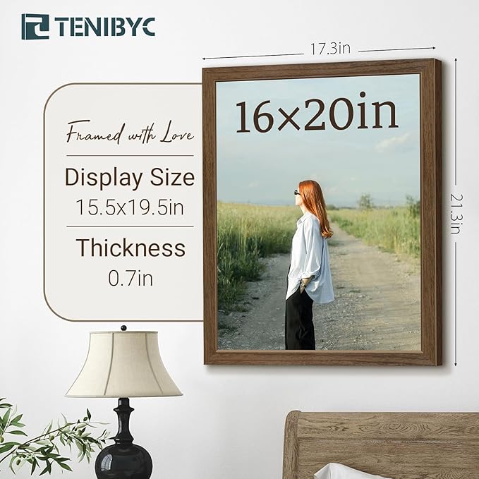 16x20 Picture Frame Set of 3 - Brown Woodgrain, Wood Poster Frame, HD Tempered Glass, Wall Gallery Hanging-CasaMuseHome