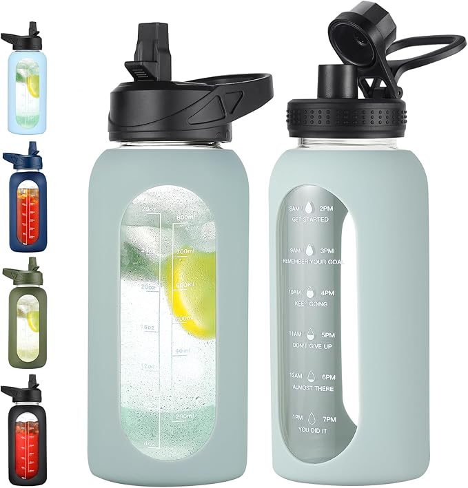 32 oz Glass Water Bottle with Straw and Handle, Sports Motivational Water Flask with Silicone Sleeve, Large Leakproof Water Flask Cup with Time Marker for Travel, Gym, Sage-CasaMuseHome