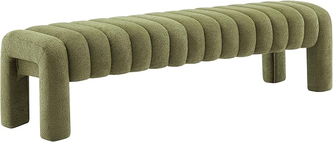 63" Bedroom Bench, Upholstered Entryway Bench, Modern End of Bed Ottoman with Solid Wood Legs and Adjustable Foot Pegs for Entryway, Dining Room and Living Room, 440lbs (Green Boucle)-CasaMuseHome