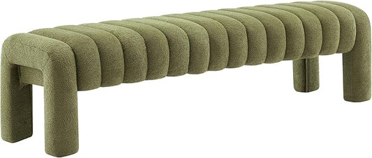 63" Bedroom Bench, Upholstered Entryway Bench, Modern End of Bed Ottoman with Solid Wood Legs and Adjustable Foot Pegs for Entryway, Dining Room and Living Room, 440lbs (Green Boucle)-CasaMuseHome
