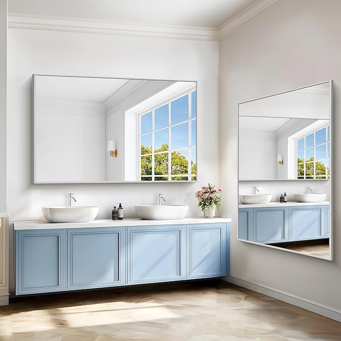 40x60inch Silver Bathroom Mirror, Silver Rectangle Mirror with Frame, Large Rectangular Wall Mirrors for Bathroom, Living Room, Hair Salon, Big Farmhouse Mirror Hang Horizontal/Vertical-CasaMuseHome