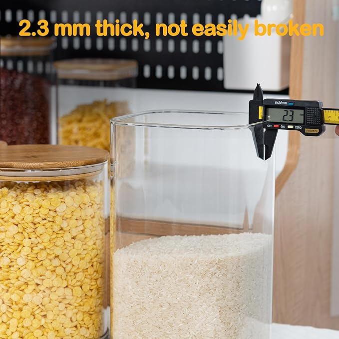 41oz Airtight Glass Square Storage Canister with Bamboo Lid Set of 4 (1200ml) Container Stackable Jar, Kitchen Canister for Pantry Noodles, Flour and Coffee beans (‎with Black Lable)-CasaMuseHome