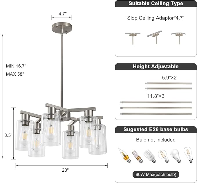 6-Light Farmhouse Brushed Nickel Chandelier,Modern Chandeliers for Dining Room Light Fixture Over Table,Adjustable Hanging Industrial Rustic Pendant Lights Kitchen Island Light with Clear Glass Shade-CasaMuseHome