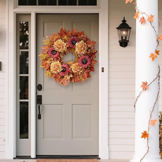 28'' Large Fall Wreath for Front Door, Porch, Window- Artificial Maple Leaves Faux Sunflower Hydrangea Pumpkins Outdoor Autumn Wreath for Home, Farmhouse Wall Thanksgiving Day Harvest Festival Decor-CasaMuseHome
