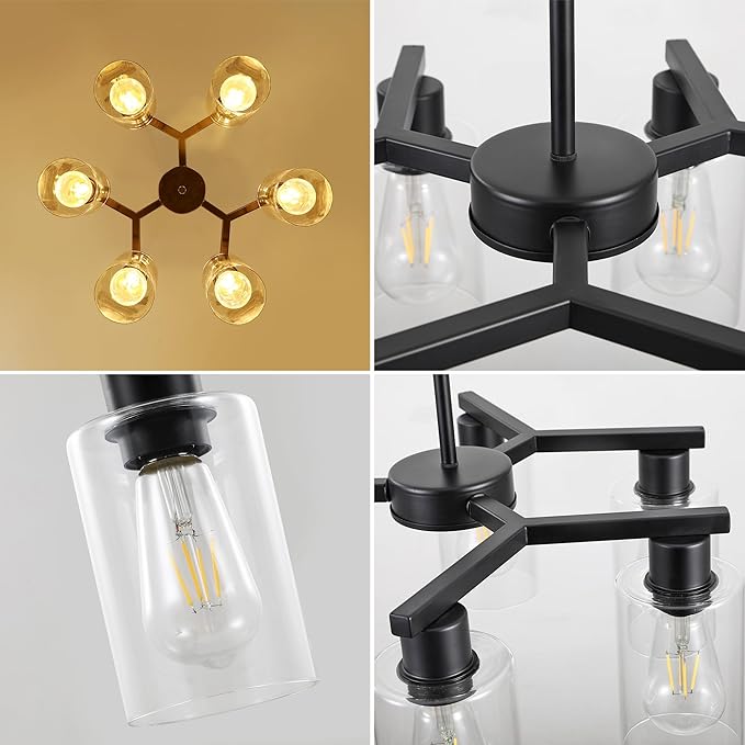 6-Light Black Modern Farmhouse Chandelier for Dining Room Ceiling Light Fixture with Clear Glass Shades, Adjustable Hanging Industrial Pendant Lighting for Living Room Kitchen Island Bedroom Entryway-CasaMuseHome