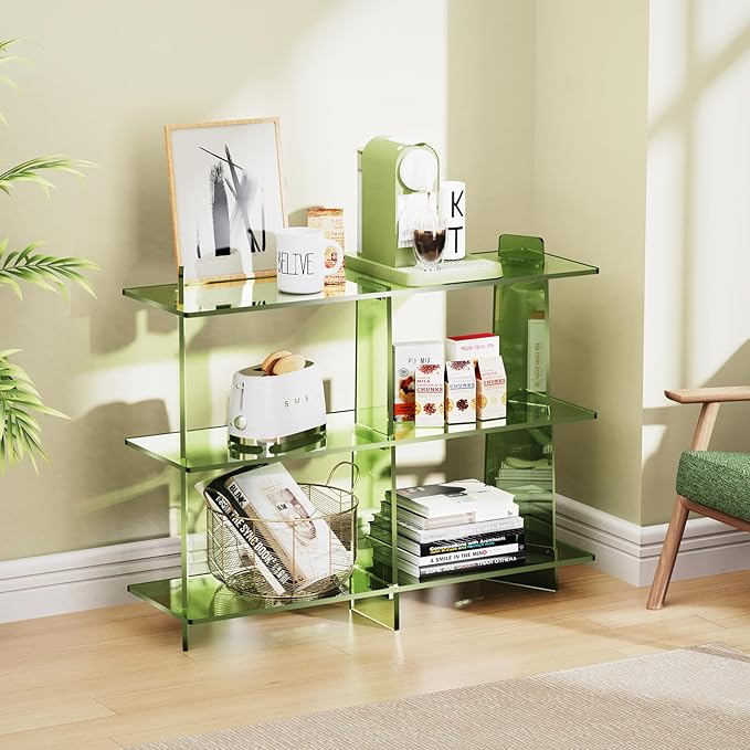 Acrylic Bookshelf, Small 3 Tier Open Bookcase for Small Spaces,Sofa Table, Hallway Entry Table for Home Living Room (Green, 39.4'' x 11.8'' x 31.5'')-CasaMuseHome