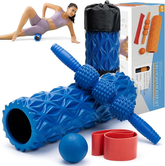 5 in1 Foam Roller Set, Trigger Point Foam Roller, Massage Roller Stick, Massage Ball, Resistance Band for Deep Muscle Massage Pilates Yoga,Fitness Exercise for Whole Body (Pure Blue)-CasaMuseHome