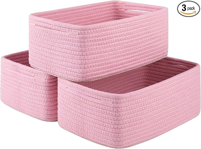 3 Pack Small Storage Baskets for Organizing, Cute Woven Decorative Gift Baskets for Shelves, Mini Closet Organizer Bins with Handles, 11.81''Lx7.87''Wx4.72''H-Pink-CasaMuseHome