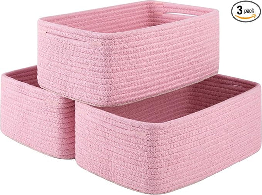 3 Pack Small Storage Baskets for Organizing, Cute Woven Decorative Gift Baskets for Shelves, Mini Closet Organizer Bins with Handles, 11.81''Lx7.87''Wx4.72''H-Pink-CasaMuseHome