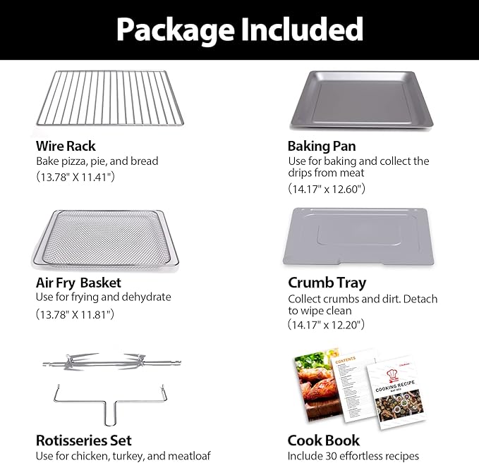 32QT Extra Large Air Fryer, 19-In-1 Air Fryer Toaster Oven Combo with Rotisserie and Dehydrator, Digital Convection Oven Countertop Airfryer Fit 13" Pizza, 6 Accessories, 1800w (Black)-CasaMuseHome