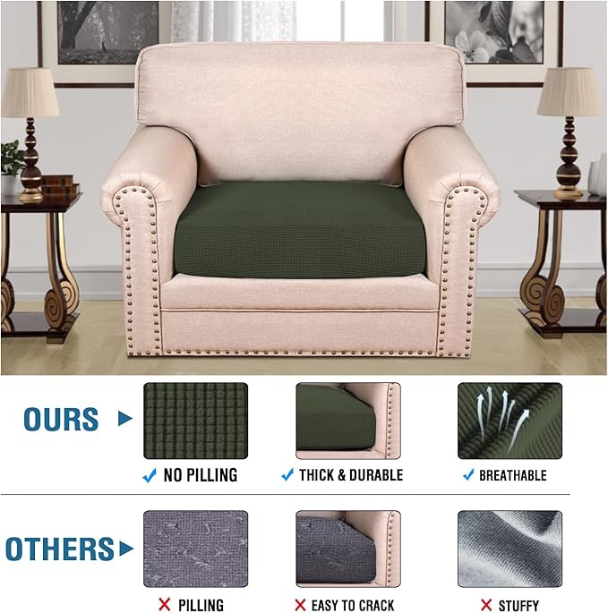 H.VERSAILTEX Super Stretch Individual Seat Cushion Covers Sofa Covers Couch Cushion Covers Slipcover Sets Thick Jacquard Textured Twill Fabric (1 Piece Chair Cushion Cover, Olive)-CasaMuseHome