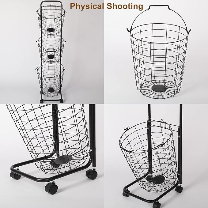 3 Tier Laundry Basket with Rolling Lockable Wheels Wire Metal Sorter Storage Trolley Shelf Basket Durable Metal Sorter Clothes Storage Trolley Shelf with Removable Hamper for Organizing Clothes-CasaMuseHome