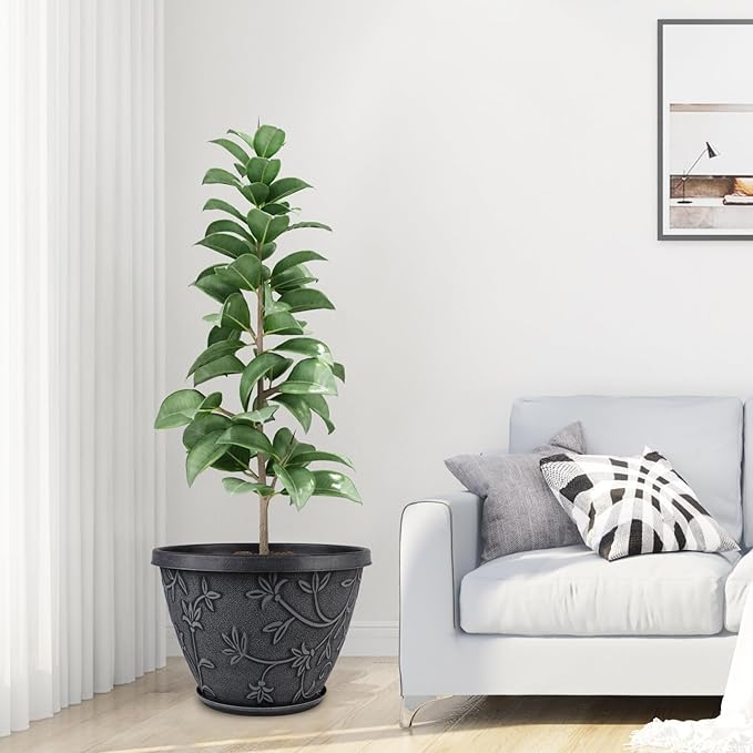 4 Pack 12 Inch Large Flower Pots for Outdoor Indoor, Plastic Plant Pots with Drainage Hole & Saucer, Modern Decorative Garden Pot, Imitation Magnolia Pots for Garden House Planters（Gray）-CasaMuseHome