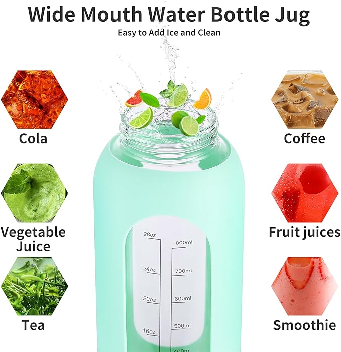 32 oz Glass Water Bottle with Straw and Handle, Sports Motivational Water Flask with Silicone Sleeve, Large Leakproof Water Flask Cup with Time Marker for Travel, Gym, Navy-CasaMuseHome