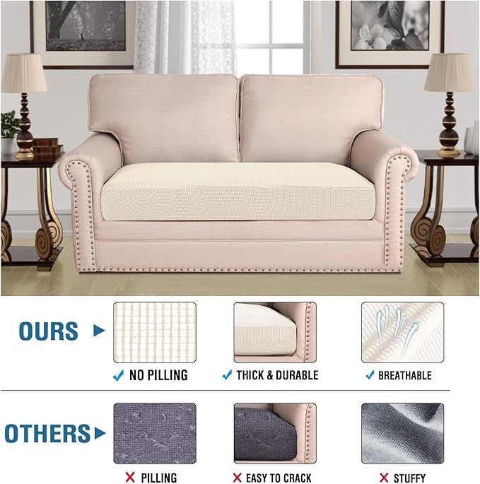 H.VERSAILTEX Super Stretch Individual Seat Cushion Covers Sofa Covers Couch Cushion Covers Slipcover Sets Thick Jacquard Textured Twill Fabric (1 Piece Loveseat Cushion Cover, Natural)-CasaMuseHome