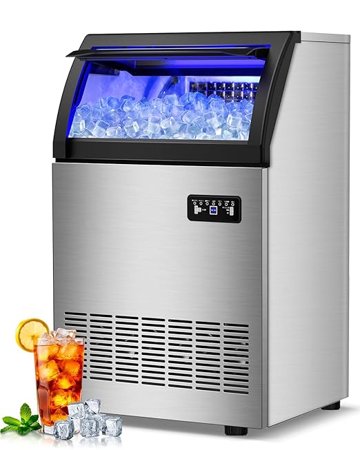 220LBS Commercial Ice Maker Machine - 72PCS Ice Cubes per Round, Undercounter/Freestanding Ice Machine, 55LBS Ice Storage Capacity for Home Bar and Outdoor, Stainless Steel Self-Cleaning-CasaMuseHome