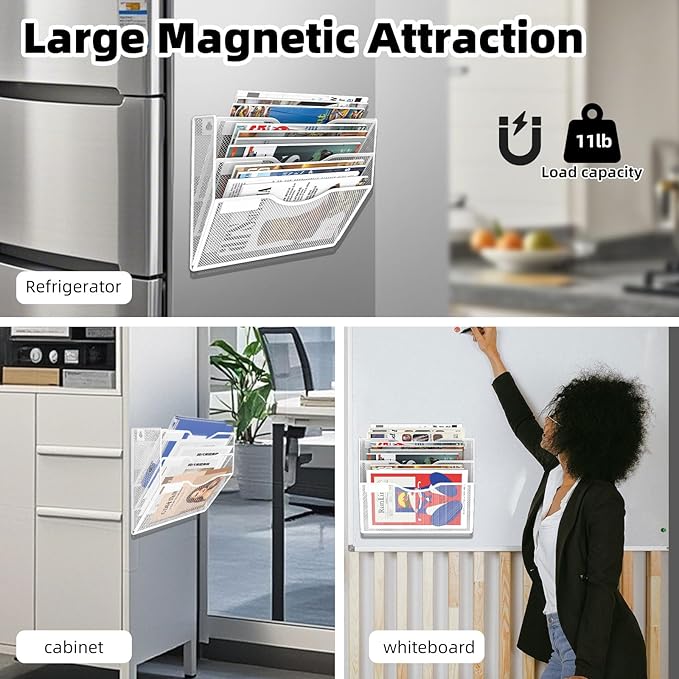 3-Tier Magnetic File Holder, No Drilling Installation File Cabinet Organizer, White Magnetic File Organizer, Magazine Rack, Magnetic Paper Holder for Refrigerator, File Cabinets,White-CasaMuseHome