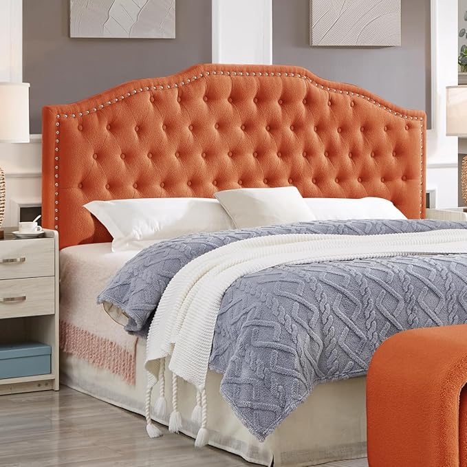 24KF Upholstered Button Tufted King Size Headboard with Nailhead Trim, Elegant Boucle Fabric California King headboard, 6031-K-Boucle-Orange-CasaMuseHome