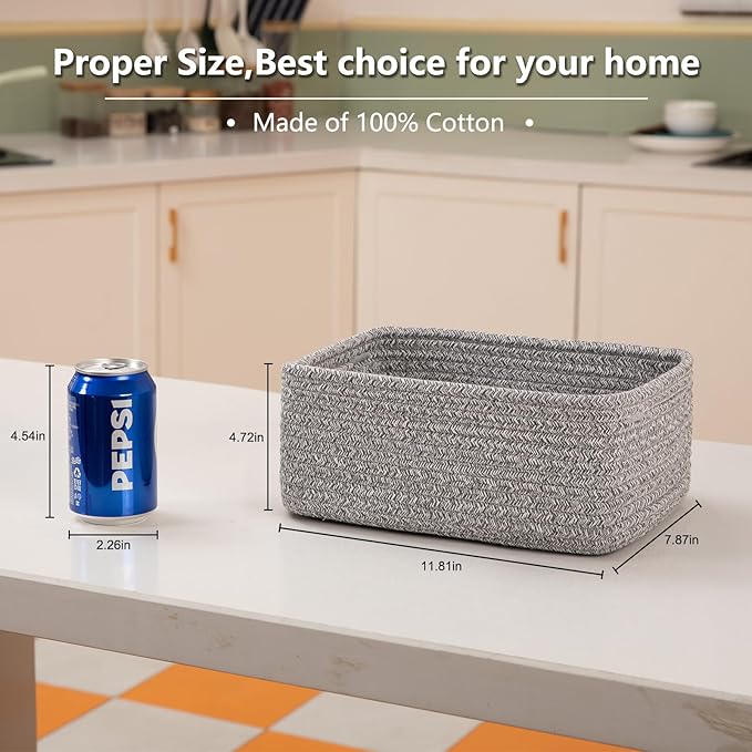4 Pack Small Storage Shelf Baskets for Organizing, Mini Woven Rope Storage Bins for Towels, Cute Decorative Closet Organizer，Baby Nursery, Gift Empty Baskets -11.81''Lx7.87''Wx4.72''H-Grey-CasaMuseHome