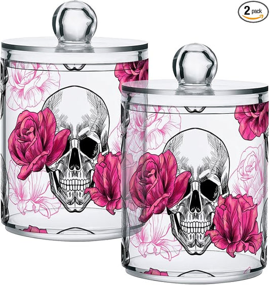 2 Pack Qtip Holder Dispenser Skull Rose Flower Bathroom Storage Canister Lid Acrylic Plastic Apothecary Jar Set Vanity Makeup Organizer for Cotton Swab/Ball/Round Pads, Floss-CasaMuseHome