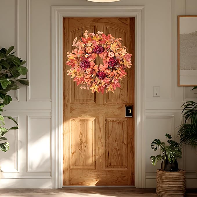 26'' Large Fall Wreath for Front Door, Autumn Wreaths for Outdoor Home Decor - Farmhouse Wreath with Maple Leaves, Pumpkins, Roses, Thanksgiving Decoration, Rustic Harvest Festival Door Hanging-CasaMuseHome