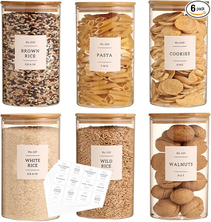 6 Pack Glass Jar with Airtight Bamboo Lid and White 132 Kichen Pantry Labels Preprinted - 28 Oz Clear Round Glass Food Storage Containers set For Tea Coffee Bean Cookie-CasaMuseHome