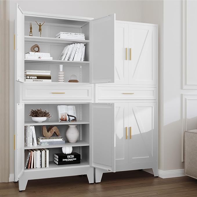 71 "Farmhouse Metal Filing Cabinet with a Drawer and 4 Adjustable Shelves, with 4 Large barn Door White Kitchen Cabinets, Metal Food Cabinets for Home, Kitchen, Dining/Living Room (White)-CasaMuseHome