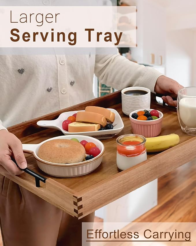 22 Inches Acacia Wood Serving Tray with Metal Handles, Large Wooden Rectangle Ottoman Tray, Decorative and Durable Design for Living Room Coffee Table Couch Kitchen-CasaMuseHome