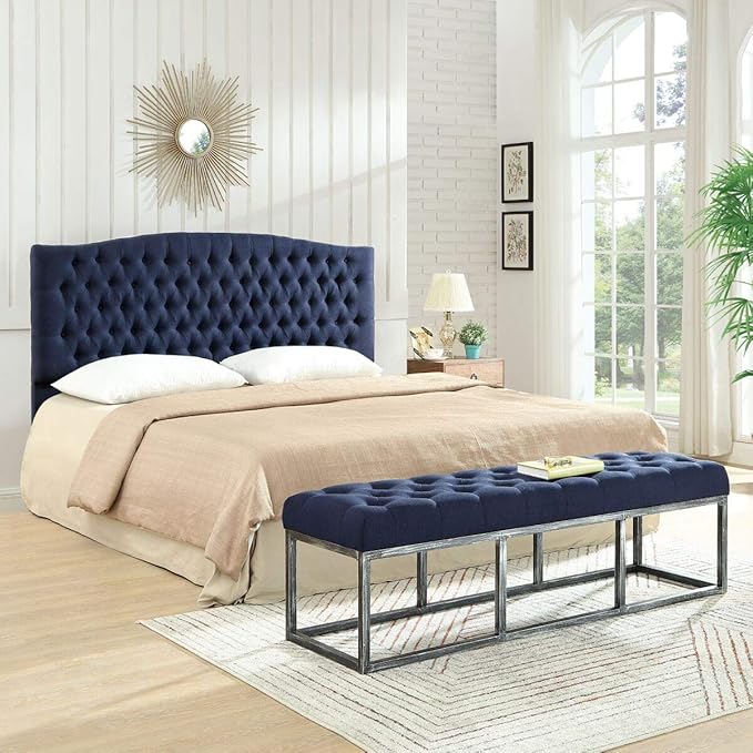 24KF Upholstered Tufted Button Linen Fabric Headboard,Comfortable Fashional Headboard King/CA King Size,Navy Blue-CasaMuseHome