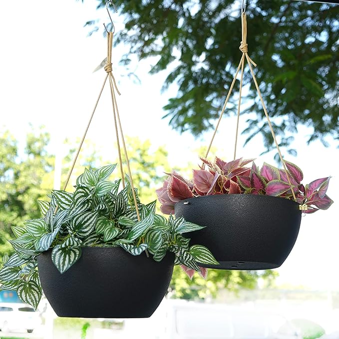 13 Inch 2 Pack Large Hanging Planters for Indoor Outdoor Plants, Plastic Hanging Basket Pots for House Plants Flowers, Black-CasaMuseHome