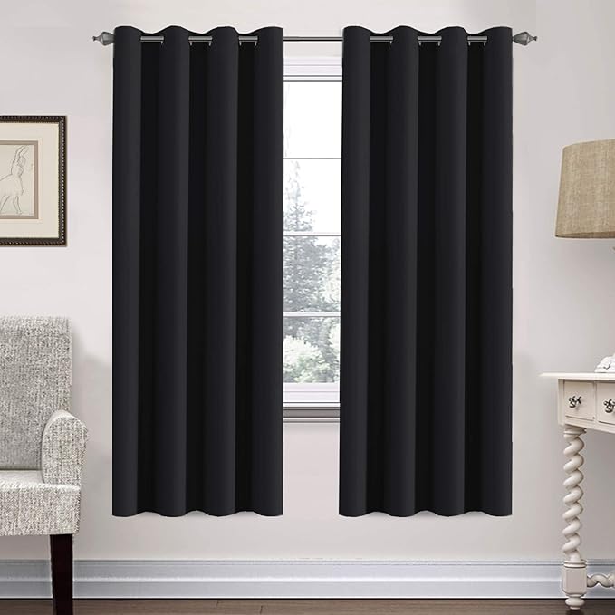 H.VERSAILTEX Thermal Insulated Blackout Curtains Window Panel Drapes - 2 Panels Set-52x72 Inch with Gun Metal Color Grommet Top (Jet Black)-CasaMuseHome