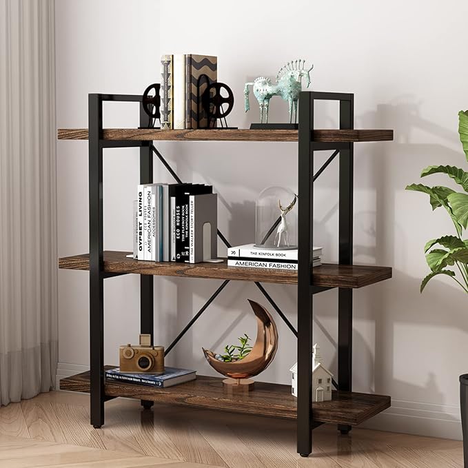 3 Tier Bookshelf Modern Rustic Open Bookshelf Office Solid Wood Bookcase and Book Shelves Wood and Metal Shelving Unit,Distressed Brown (AY-02-3Tier)-CasaMuseHome