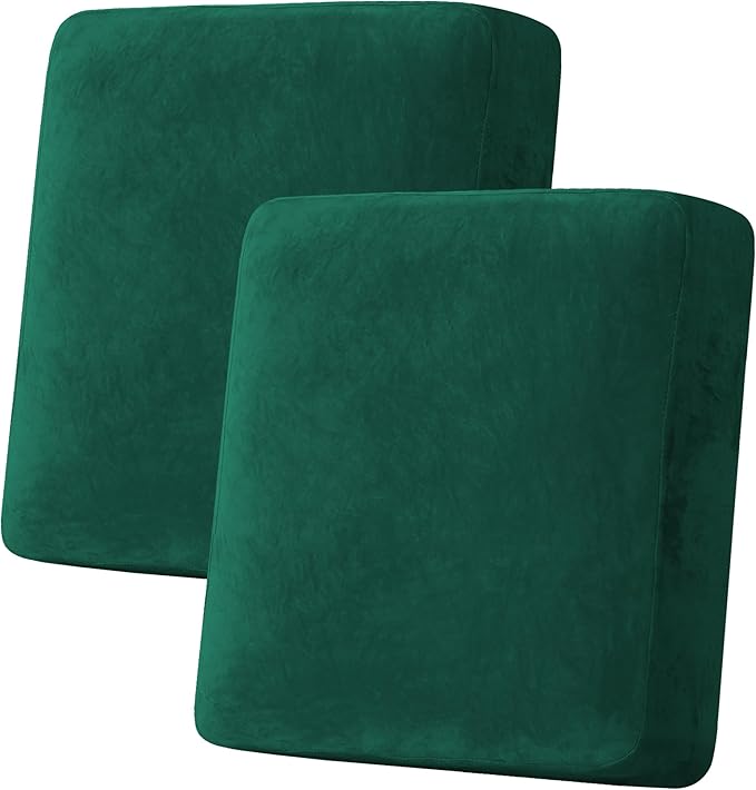 H.VERSAILTEX Velvet Stretch Couch Cushion Cover Plush Cushion Slipcover Cushion Furniture Protector for Seat Cushion Sofa Cover (2 Piece Medium Sofa Cushion Covers, Vintage Green)-CasaMuseHome