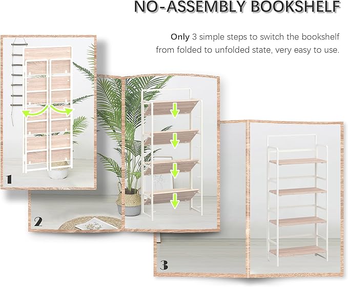 4NM No Assembly Foldable Bookshelf, 4-Shelf Collapsible Bookcase Storage for Small Spaces, 54" H, Natural White-CasaMuseHome