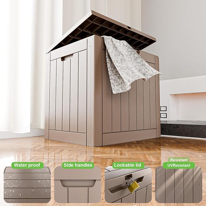 30 Gallon Outdoor Deck Box,Storage Lockable Waterproof Patio Furniture,Garden Tools,Cushions,Pool Accessories Outside Storage Resin Box(Grey)-CasaMuseHome