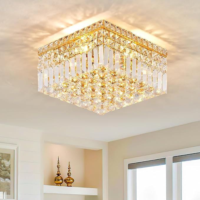 4-Light Gold Crystal Chandeliers Flush Mount Chandelier Light Fixture with K9 Crystals Modern Ceiling Lights Elegant Square Lamp for Bedroom,Hallway,Bar,Living Room,Dining Room,H5.9 xW13.7-CasaMuseHome