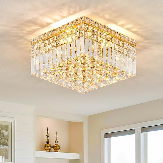 4-Light Gold Crystal Chandeliers Flush Mount Chandelier Light Fixture with K9 Crystals Modern Ceiling Lights Elegant Square Lamp for Bedroom,Hallway,Bar,Living Room,Dining Room,H5.9 xW13.7-CasaMuseHome