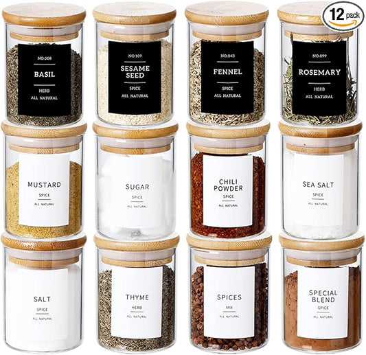 12 Pcs Glass Spice Jars With 296 Spice Labels Preprinted of White and Black Color- 6oz Thicken(2.4mm) Spice Containers With Bamboo Airtight Lids - Empty Small Herb Seasoning Jars-CasaMuseHome
