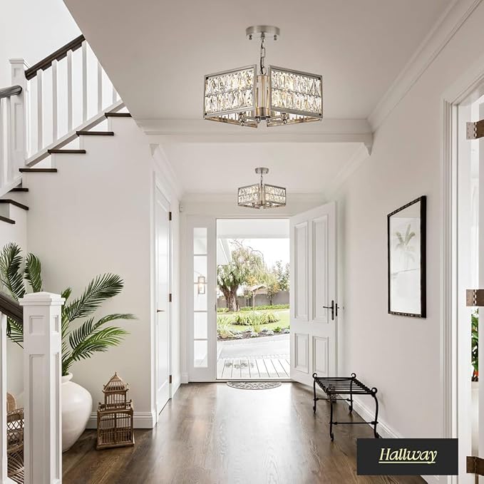 12” 4-Light Modern Crystal Chandeliers Nickel Dinning Room Light Fixture, Square Pendant Light Kitchen Island Chandelier, Flush Mount Ceiling Light for Living Room Entryway Bedroom Foyer-CasaMuseHome