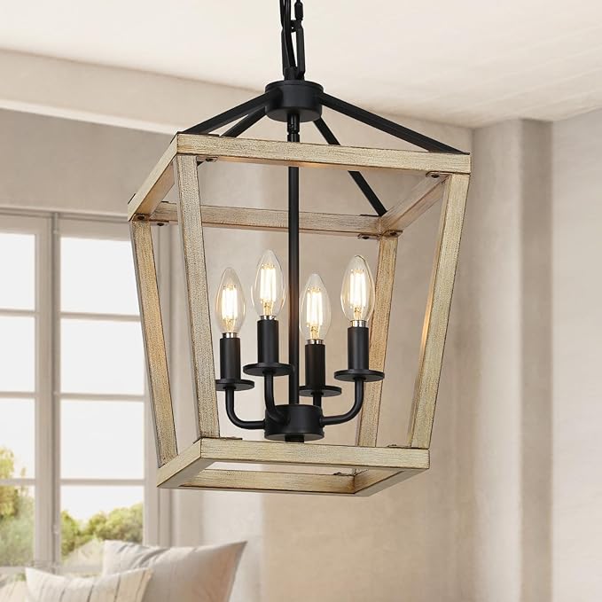 4 Light Chandelier Fixture, Farmhouse Light Fixtures Geometric Metal Cage Modern Ceiling Light with Adjustable Height, E12 Base Hanging Lights for Kitchen Island, Dining Room, Living Room, Indoor-CasaMuseHome