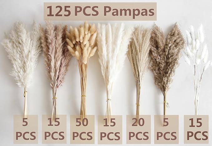 125 PCS Dried Pampas Grass Bouquet, Boho Table Decor, Bunny Tails Dried Flowers, Brown Pampas, White Pampas Grass for Weddings, Home Decor, Rustic Parties, and Baby Shower Decorations-CasaMuseHome