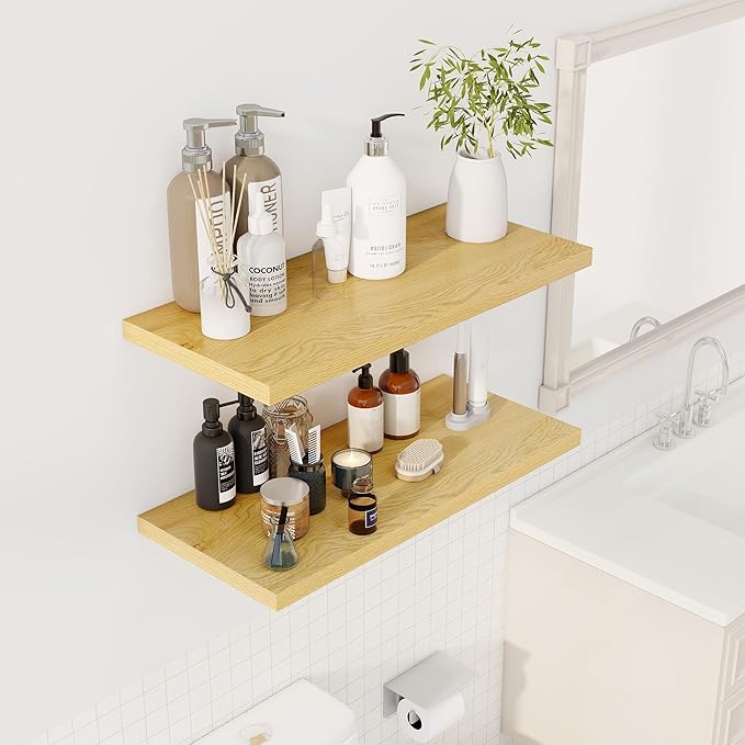 30" Floating Shelves for Wall, 12" Deep Slim Oak Floating Shelves, Wall-Mounted Shelves for Bedroom, Living Room, Kitchen, Bathroom - Set of 2-CasaMuseHome