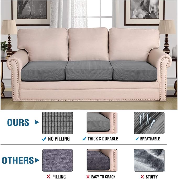 H.VERSAILTEX Super Stretch Individual Seat Cushion Covers, Thick Jacquard Textured Twill Fabric (3 Piece XL Sofa Cushion Covers, Grey)-CasaMuseHome