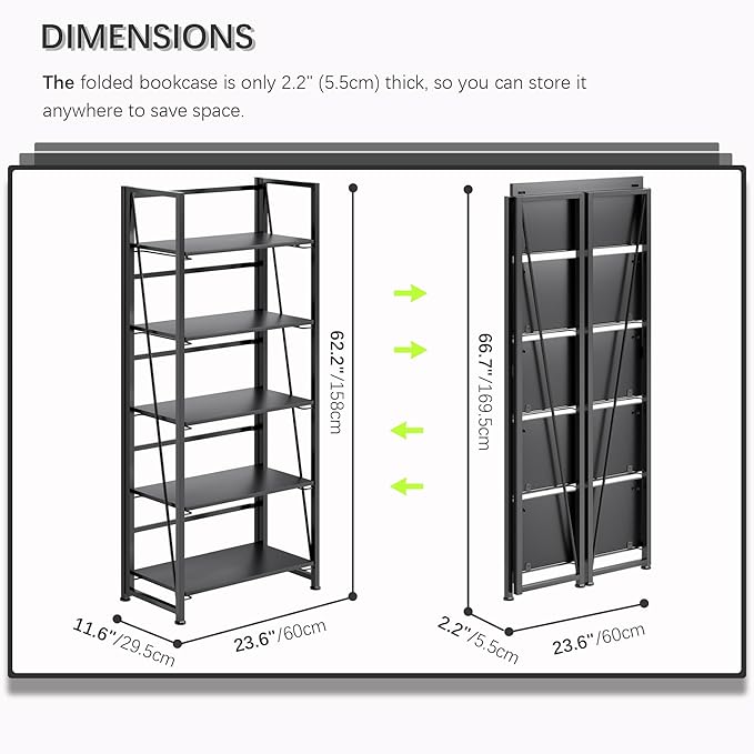 4NM No Assembly Foldable Bookshelf, 5-Shelf Collapsible Bookcase Storage for Small Spaces, 62.2" H, All Black-CasaMuseHome