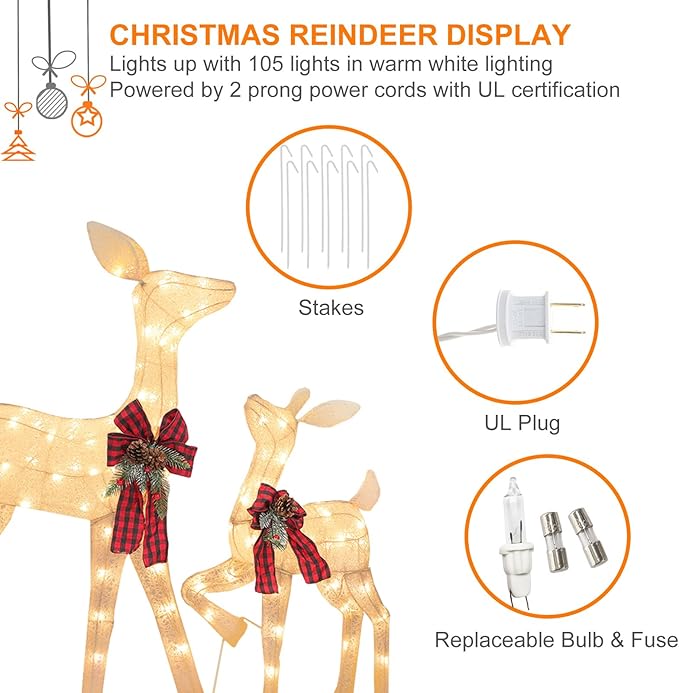 2 Pcs Reindeer Christmas Decoration, Xmas Lighted White Shimmering Doe and Fawn Display Set with 105 Warm White Lights for Yard Lawn Indoor Outdoor-CasaMuseHome
