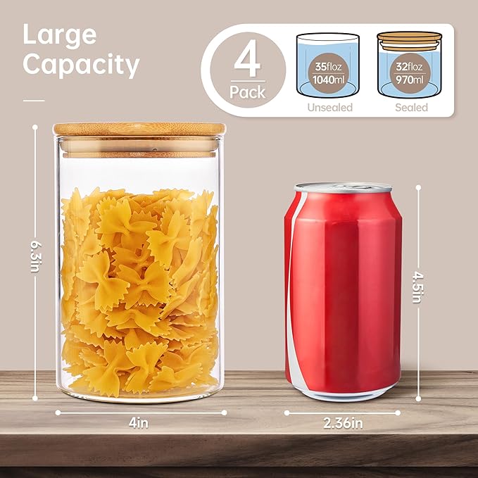 32oz - 4 Pack Glass Jars with Bamboo Lids, Glass Pantry Storage Containers with Airtight Lids, Round Air Tigh Food Storage Canisters for Cereal, Pasta, Flour, Sugar, Rice, Best for Kitchen Organizer-CasaMuseHome