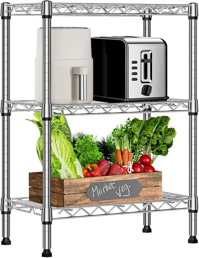 750 lbs 3 Tier Shelf Metal Storage Shelves Wire Rack Closet Organizers with PP Board for Garage Kitchen Bathroom Laundry Chrome 11.8" D x 21.7" W x 28.6" H-CasaMuseHome