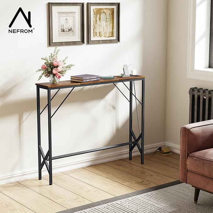 39.4" Console Table, Skinny Entryway Table with Fast-Charging Station, Narrow Long Sofa Table, Behind Slim Couch Table for Entrance, Hallway, Living Room Decor ST-BR100-1-CasaMuseHome